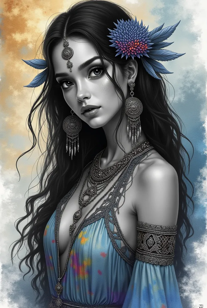 a black and white drawing of a native woman, trending on Artstation, fantasy art, in style of anne stokes, boho chic | | very anime!!!, charlie bowater and artgerm, provocative indian