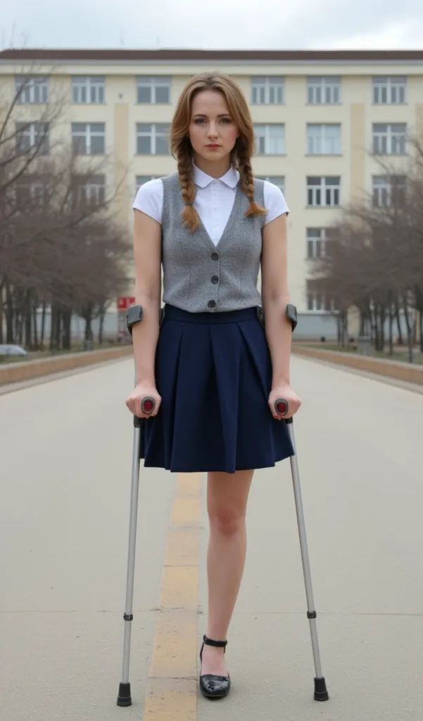 Highest quality (10 GB, high resolution, 1.5 "masterpieces"), excellent detail (realistic, photorealistic image). A beautiful girl leans on two crutches. One leg is amputated. Long hair is gathered in one braid. She is wearing a school uniform with a white...