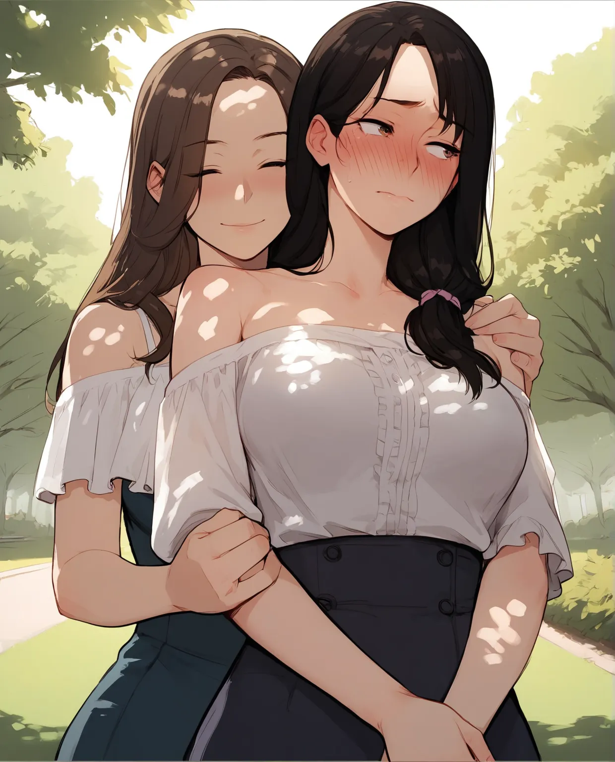 image of a mature woman hugging her daugther from behind, 2girls, score_9up, score_8up, park background, sunny day, blush, long hair BREAK milf, brown hair, ugging daughter from behind, 40years, closed eyes, smile, BREAK 18yo daughter, lack hair, embarrase...