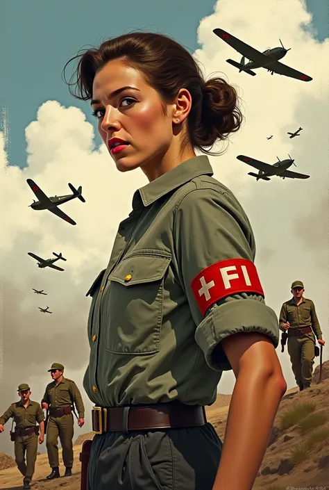 Fais un Femme à la guerre avec un brassard ffi en chemise contre les allemands et des avions des années 50 en style de dessin