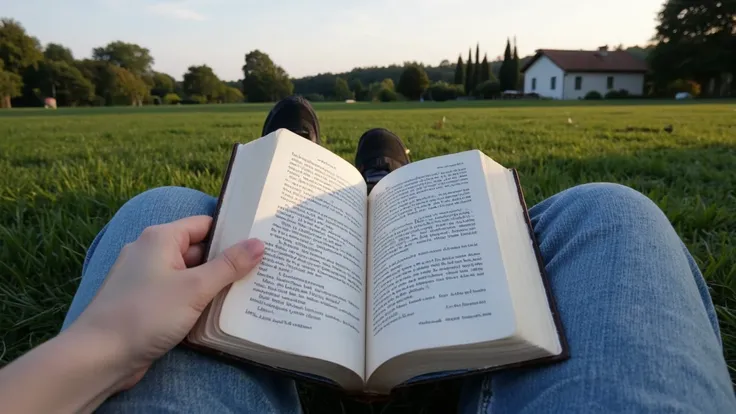 "A peaceful outdoor setting during the golden hour, where a person sits comfortably on a lush green field, reading a book. The perspective is first-person, showing their legs stretched out and relaxed, covered in slightly worn blue denim jeans. The fabric ...