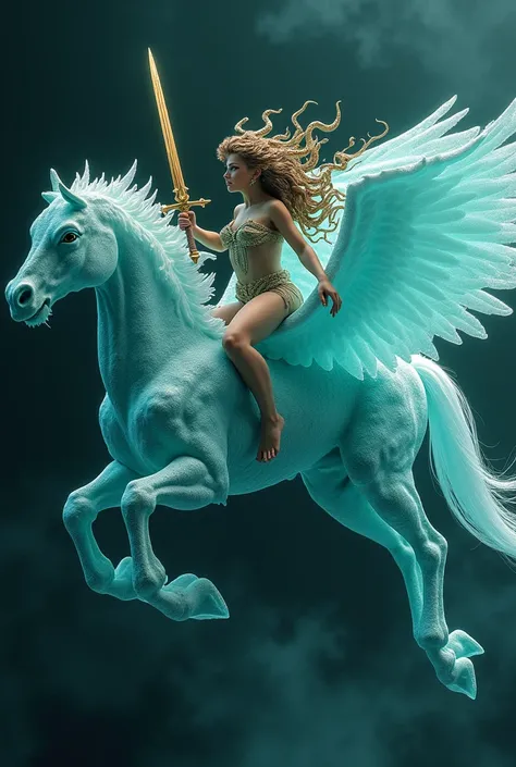 A sea of darkness. Medusa with a snake head is riding on a pegasus made of turquoise ice. Medusa is holding a gold sword.