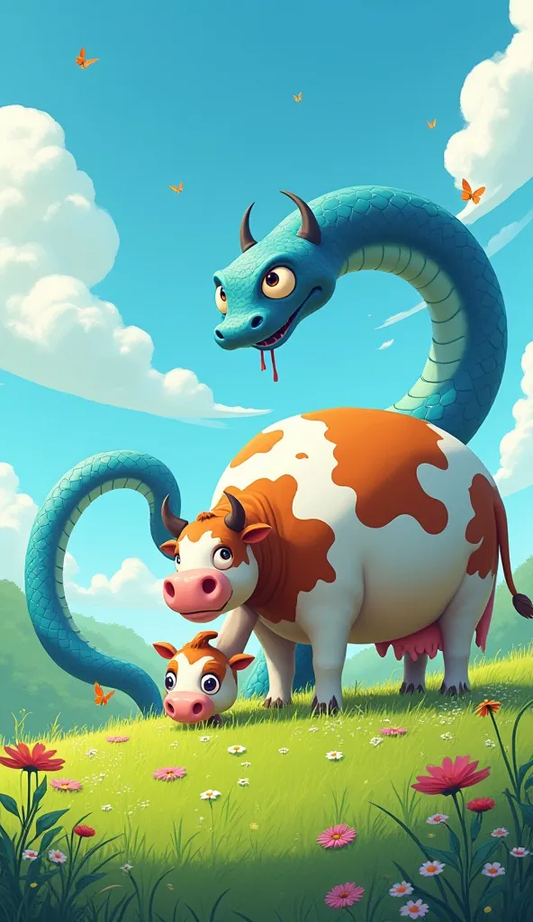 Cartoonish image.A huge cow is eating grass in the field. A huge blue snake is attacking