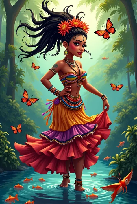 Creating an animated woman in comics, with traditional Panamanian dress ,  tembleques , jewelry and makeup, against a background of nature , butterflies and fish 