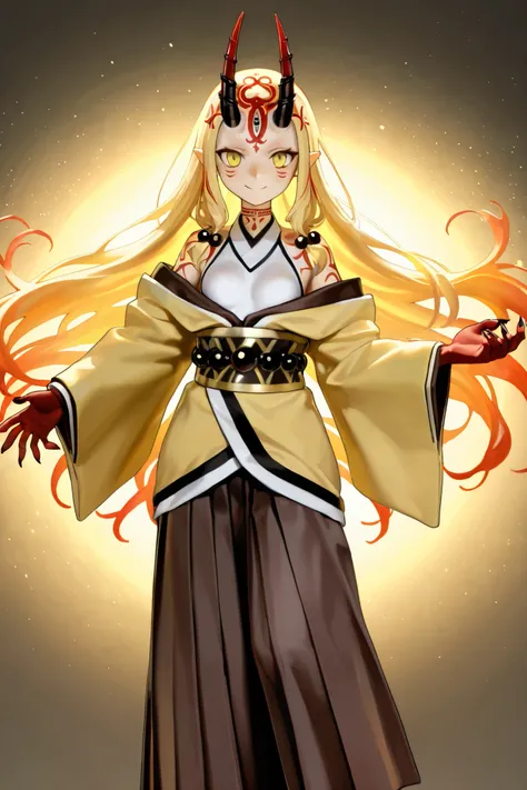 NSFW,masterpiece,Highest quality,Hi-Res,very detailed,Ibaraki Doji\(Fate/Grand Order),long hair、 Gold、side lock、yellow eyes、pointed ears、 face mark 、tattoo、 forehead mark、ghost、horn、Sharp Claws,naked