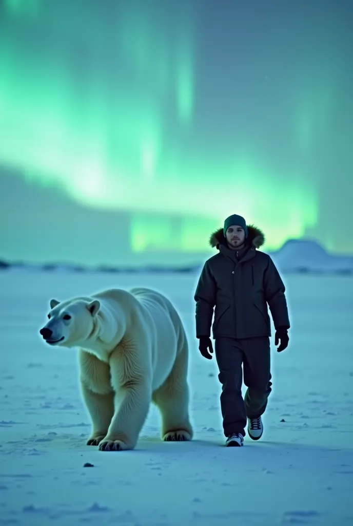 there is a man walking next to a polar bear in the snow, 🐋 as 🐘 as 🤖 as 👽 as 🐳,  global lighting.  visual effects ,  television commercial ,  male polar explorer , BBC Earth, with Northern Lights in the sky, Human-giant bear hybrid, polar bear, Brock Hofer...