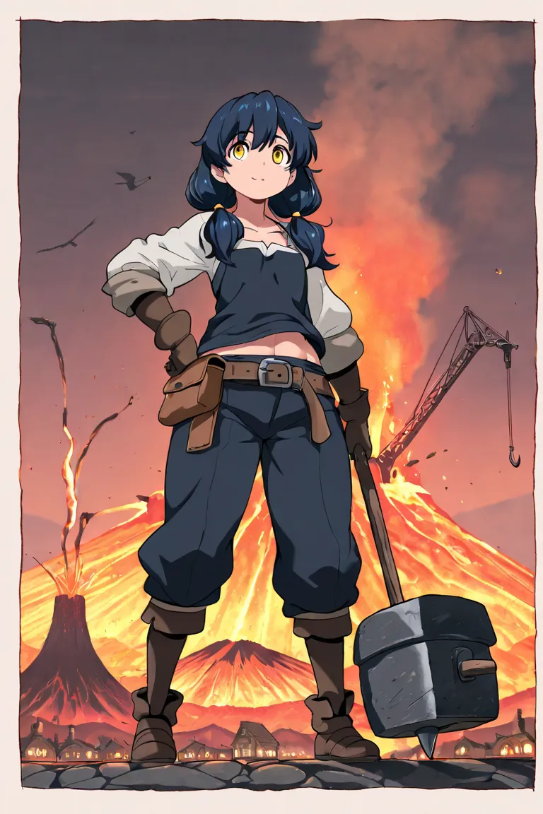 masterpiece, best quality, full body, narrow chin, anime colored, from front, slender body, one girl, smart face, solo, dark blue hair, low twintails, airy hair, curvy hair, voluminous hair,  yellow eyes, tareme, blacksmith, midriff peek, using hammer, vol...