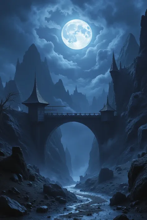 In a desolate landscape under a stormy sky, a medieval fantasy tavern spans a chasm filled with jagged rocks. The full moon casts a pale, eerie light over the scene, creating stark contrasts between the deep shadows and the occasional eerie light from a di...