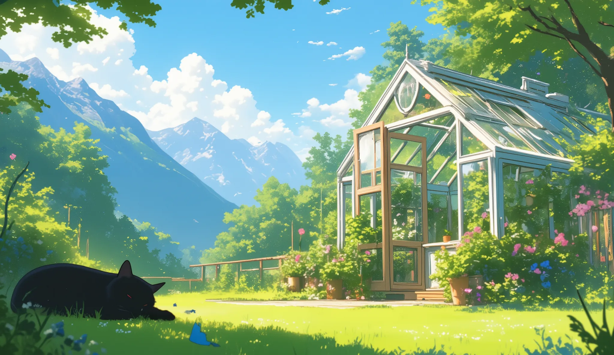 Landscape image with a glass greenhouse with several plants inside with flowers, and lots of sunlight, the greenhouse facing the mountains, with a lawn around the greenhouse and with birds and butterflies around it, a romantic and pleasant atmosphere, a bl...