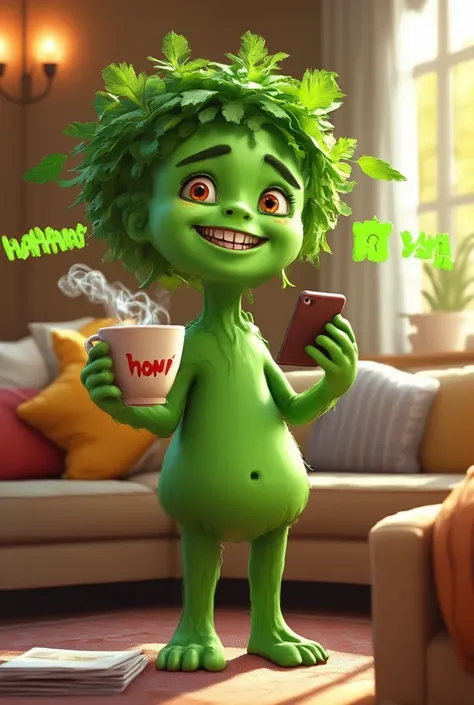 Create a humanized plant character, with body, head, normal arms and legs, but with vibrant green skin. He holds a cup of steaming coffee in one hand and a cell phone in the other, where you are viewing a funny meme post. Her face expresses pure joy, with ...