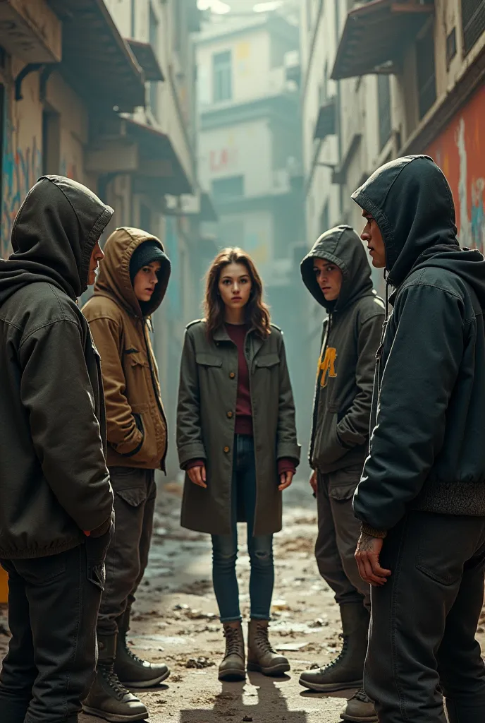 A group of hoods standing off against a female teacher and a french teeanager