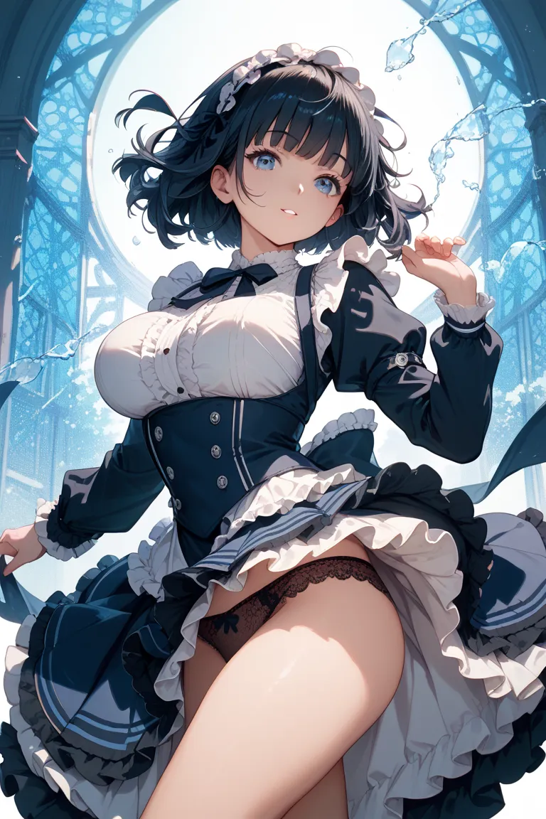 Black and white Lolita clothes, cute , uniform, blouse clothes, black frilly, slightly longer skirt, lace panties, in big breasts, black hair, blue mesh hair, bob hair, bangs, tight, moving in a pose that emphasizes the chest