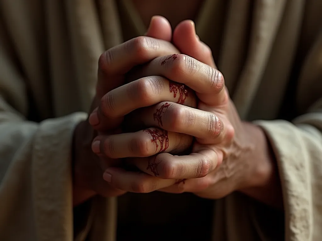 Jesus hands can be seen very close, slightly slanted from the side. They are folded to pray and you can see drops of red sweat