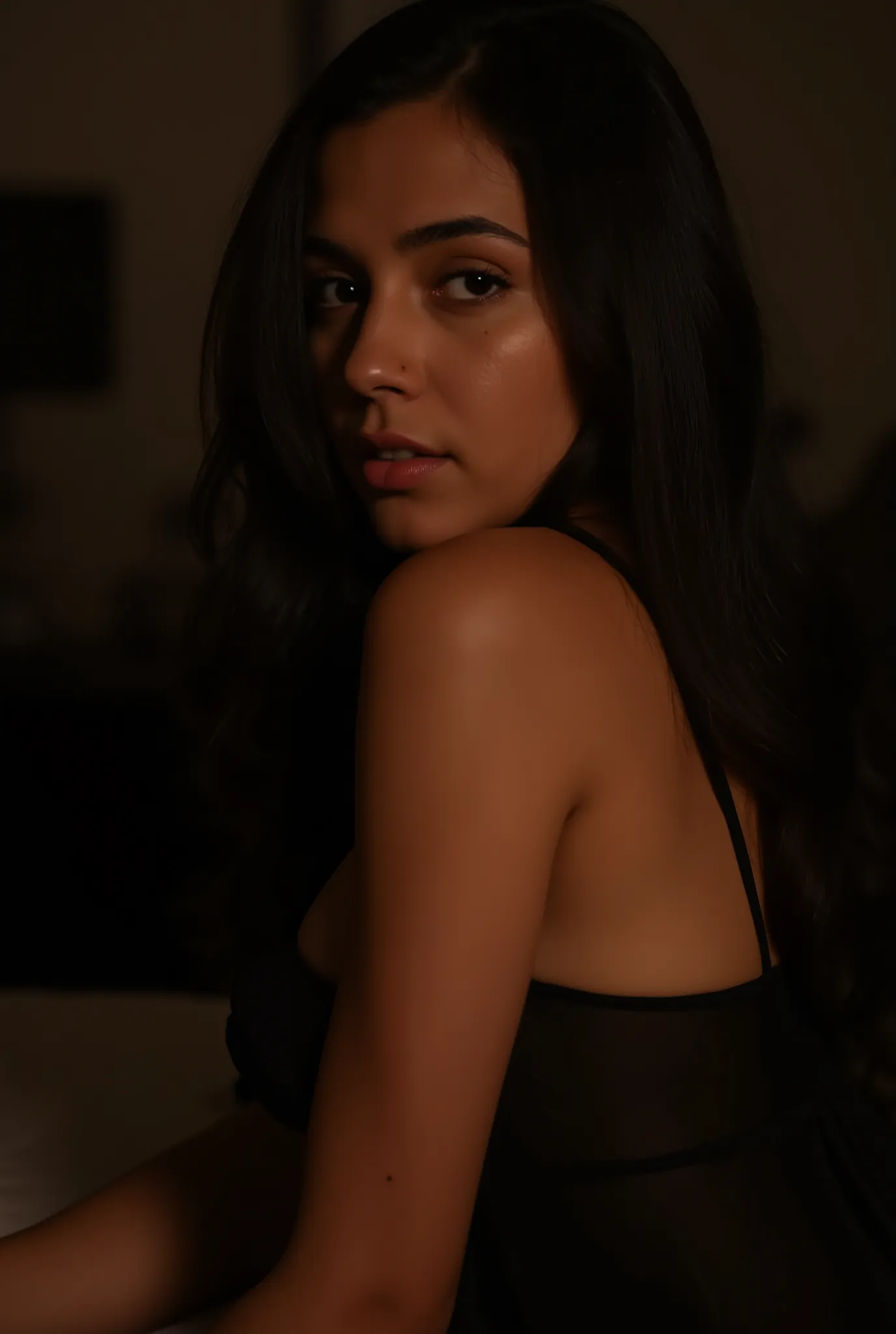 A 20-year-old woman with a slightly tanned complexion, resembling a mix of Mexican and Spanish heritage. She has long, flowing dark hair that cascades down her shoulders, adding to her enchanting presence. Her face is soft and endearing, with subtle freckl...