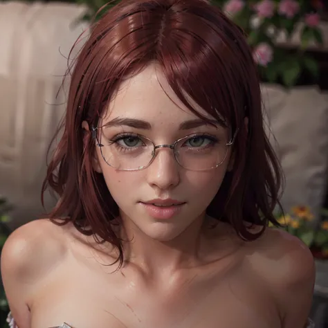 (close-up, face:1.2). Short, (red hair:1.4), (green eyes:1.4), (diopter glasses with metal frames:1.4), (maid costume:1.6), ( smile:1.3) girl 