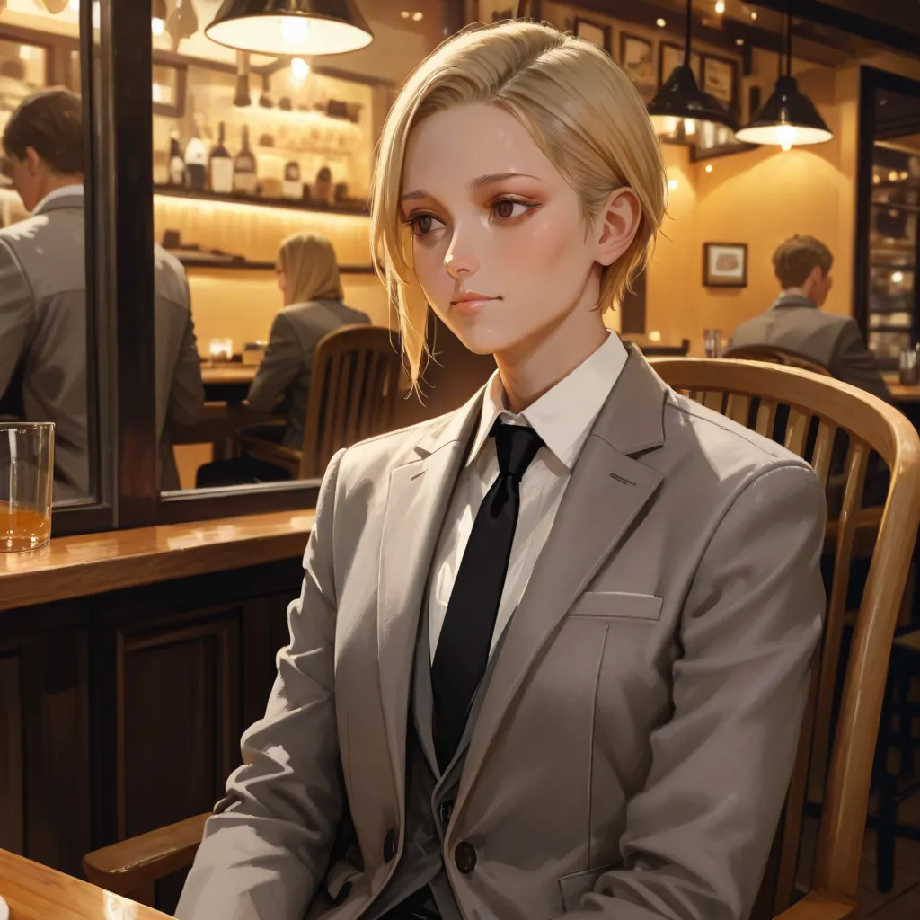 A male male, of short hair style, above the ear ,high, blonde, thin,with brown eyes, In a gray suit and black tie , sitting on a chair in a restaurant,  looking at the thoughtful side