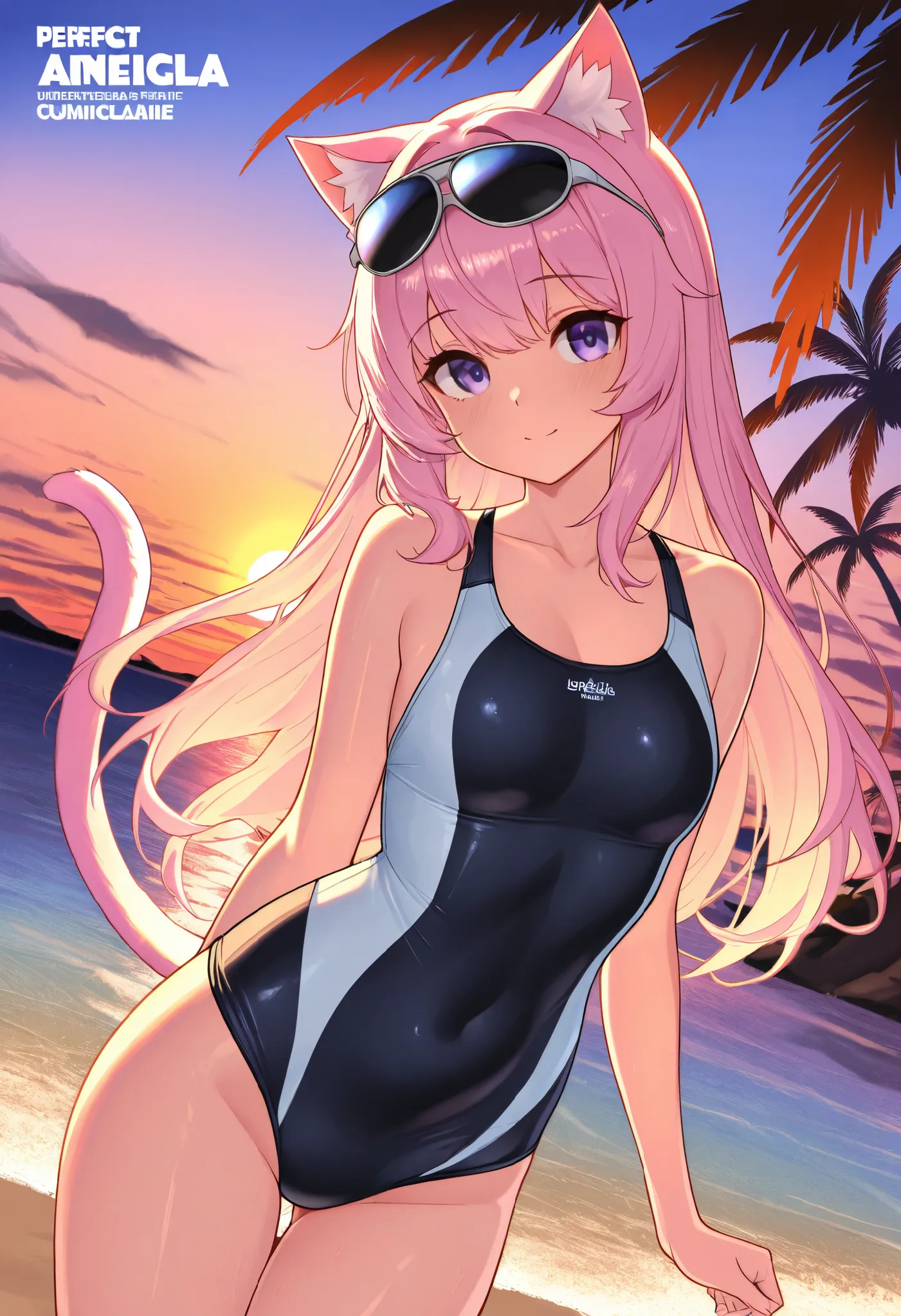 cover page, Hawaii's tourist magazine, highres, top quality, best quality, paid reward available, unparalleled masterpiece, perfect artwork, absurdres(angelic cute 1girl, cat girl)perfect anatomy, The best pose as a subject, seashore, Palm tree, Swim suit,...