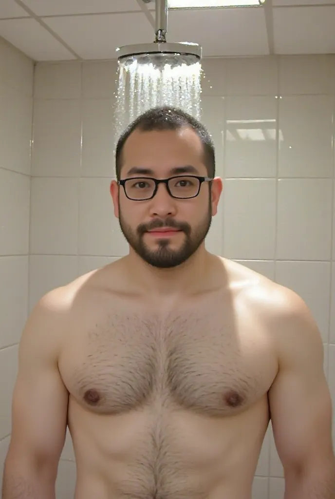 olympusd450, fullbody back view, mature man taking a shower in his appartement bathroom in in New York , wearing small rectangle glasses, light brown hair, no clothes. bright daylight grey sky, rainy aesthetic. The man must be handsome and elegant. The ima...