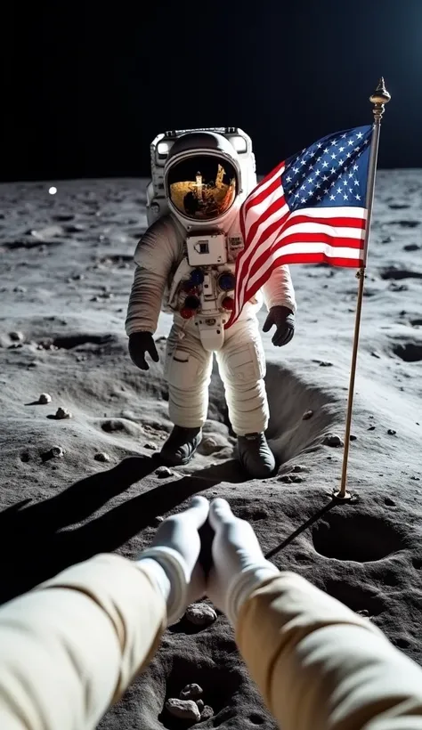 An ultra-realistic point-of-view (POV) style image, capturing the first-person perspective of an astronaut on the moon, as he stands holding the American flag on the lunar surface in his white gloved hands.