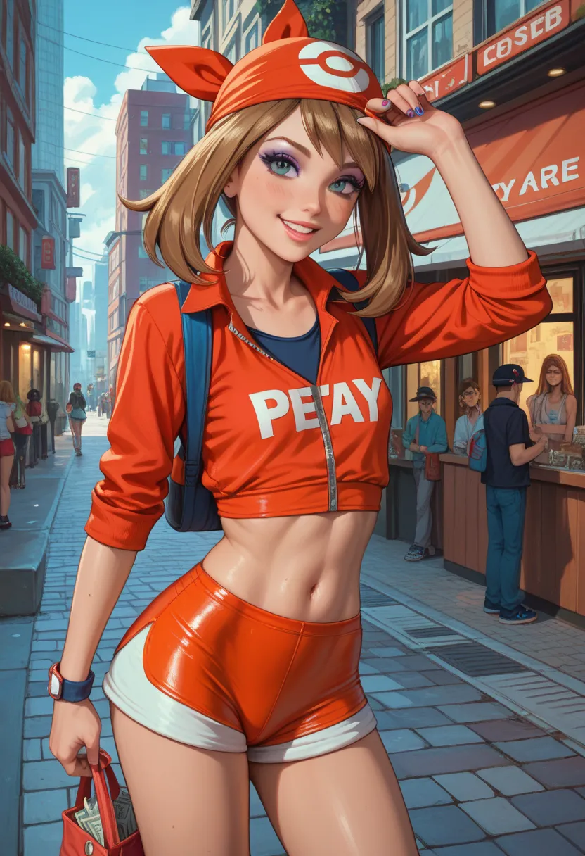 ((sexy girl ,young)) ,nsfw, glamorous, slender, may, pokemon trainer, young girl, prostitute, slutty, prostitute outfit, makeup, eyeshadow, city,