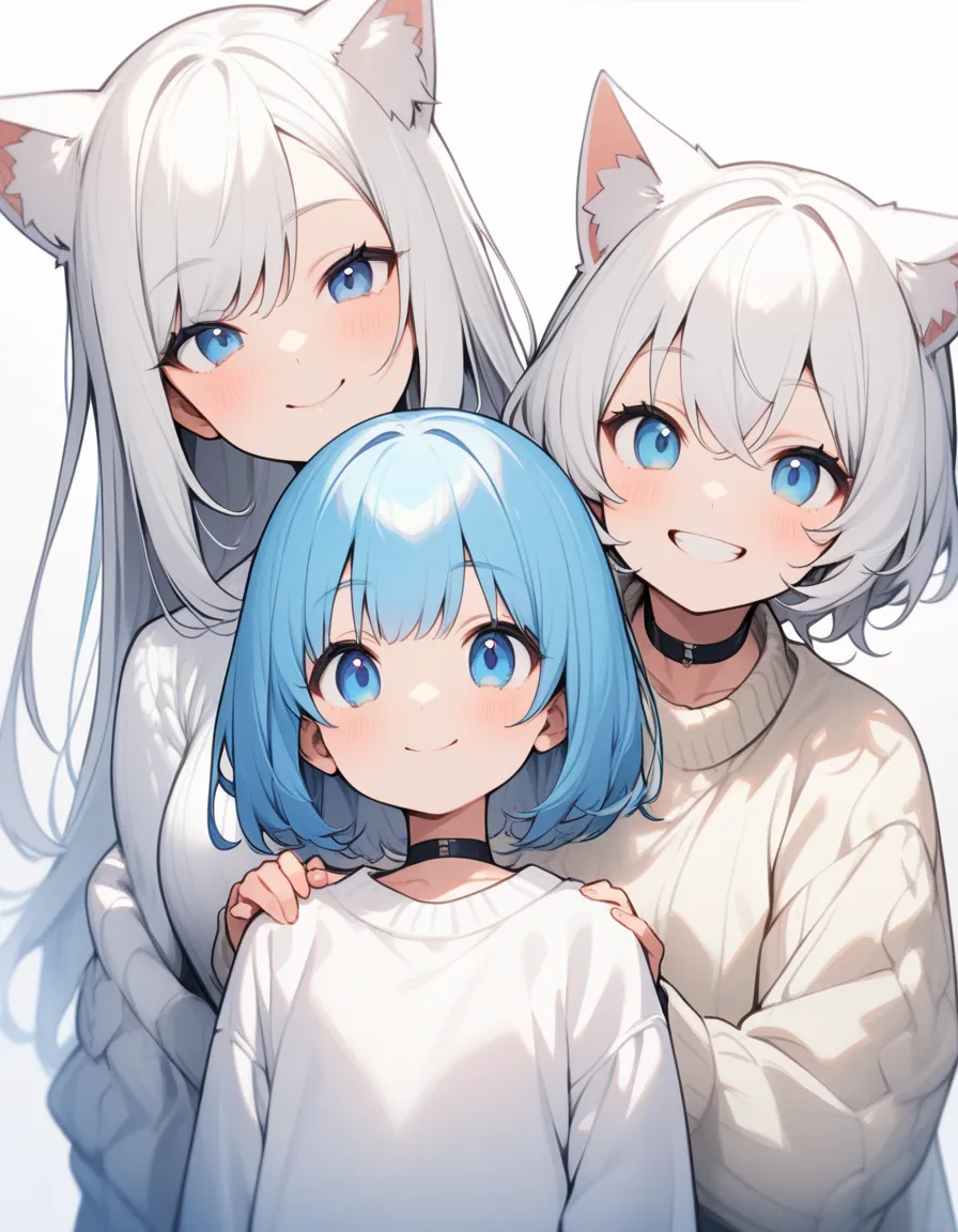  white hair、 blue eyes、cute、beautiful（masterpiece、Highest quality）、（ girls on the left）、very detailed、White cat ears、choker、blue one-point winter school uniform、White bob hair、upper body、(((white oversized sweater)))、mole、 slightly chubby、cute、20 years old...