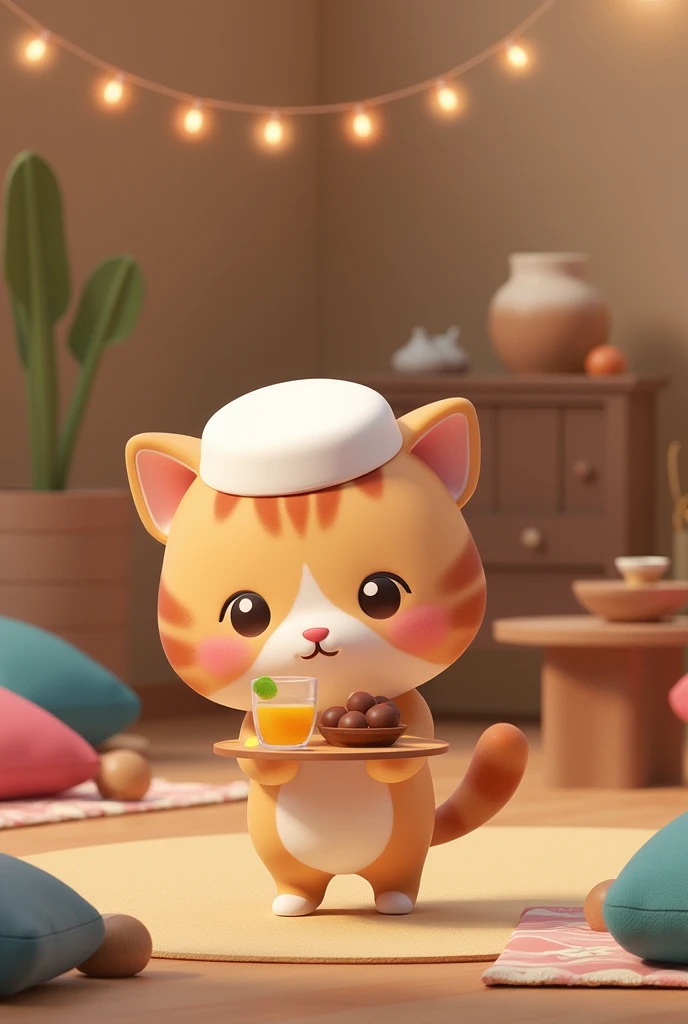 A light brown chibi cat (simple round ears, short tail) wearing a plain white prayer cap holds a small tray with dates and juice glasses. His eyes sparkle playfully as he carefully walks towards the iftar table. The background shows a cozy Ramadan home set...