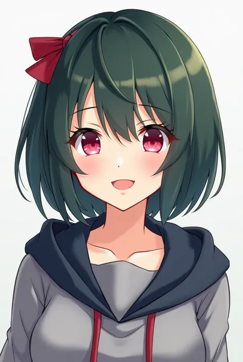 Short dark green hair Asian woman with a simple red ribbon on the head and a small bow at the top of the head, light skin and a friendly smile. She wears a gray blouse under a dark blue hood and a red shade with pink eyes and small lips with a red gloss. Y...