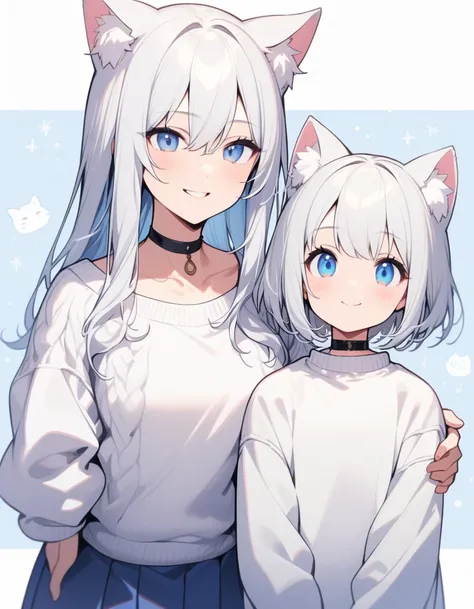  white hair、 blue eyes、cute、beautiful（masterpiece、Highest quality）、（ girls on the left）、very detailed、White cat ears、choker、blue one-point winter school uniform、White bob hair、upper body、(((white oversized sweater)))、mole、 slightly chubby、cute、20 years old...