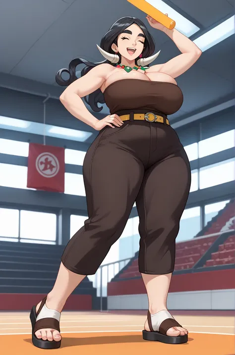 high quality,score_9, score_8_ up, score_7_ up,score_anime,Drasna,eyes closed,(forbidden pants),Cleavage,brown tube top,black hair, tight hip,mature woman,necklace,Yellow Belt,thick eyebrows,One girl,alone,smile,(huge juicy Breasts),big ass,whole body,Open...