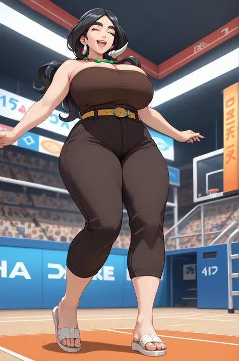 high quality,score_9, score_8_ up, score_7_ up,score_anime,Drasna,eyes closed,(forbidden pants),Cleavage,brown tube top,black hair, tight hip,mature woman,necklace,Yellow Belt,thick eyebrows,One girl,alone,smile,(huge juicy Breasts),big ass,whole body,Open...