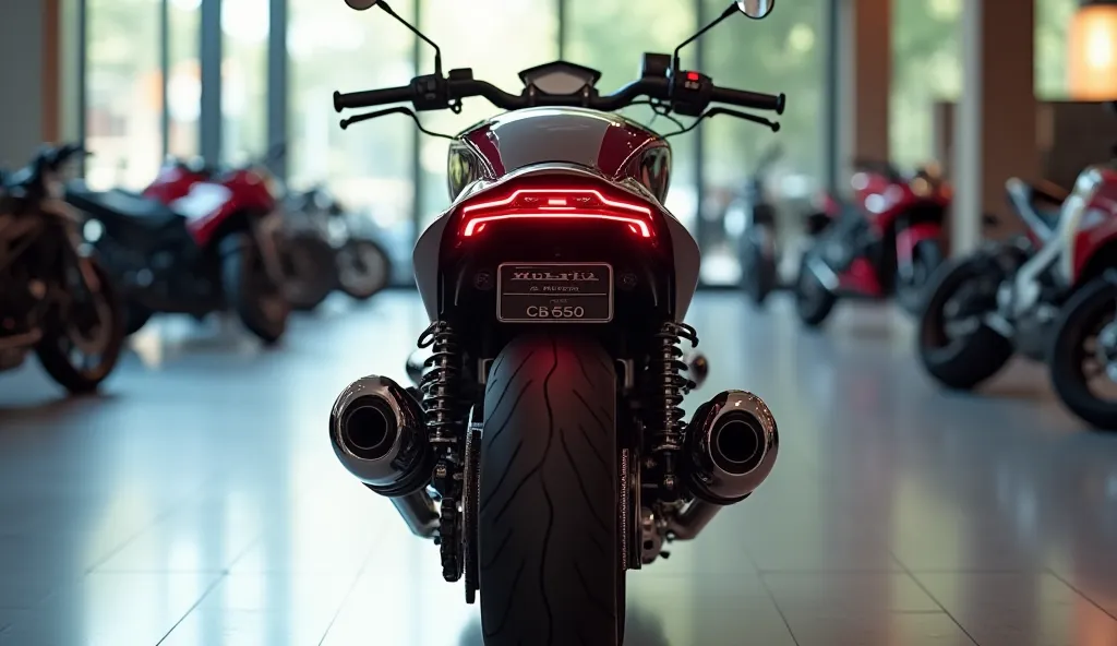 "A realistic, high-quality image of a modern motorcycle seen from the rear view, resembling a 2025 Honda CB 350. The bike features a striking black and maroon color scheme with a glossy finish. It has a muscular, retro-modern design with a compact yet powe...