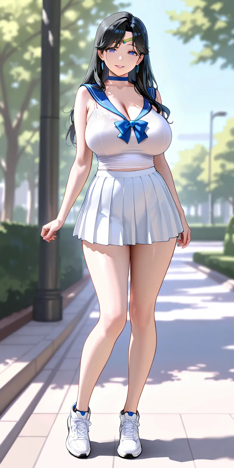 Masterpiece, newest, vibrant, very aesthetic, high contrast, mature woman, sailor mercury, white camisole, blue lace, white pleated mini skirt, white sneakers, big breast, full body, parted lips, smile, park, best quality, semrealistic, fullmetal alchemist...