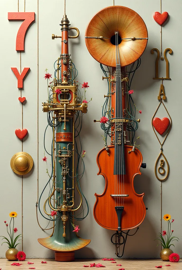 Transverse Flute and Tuba Sousafon connected by cables, A number 7, a Y and an A, hearts and the name of Minerva