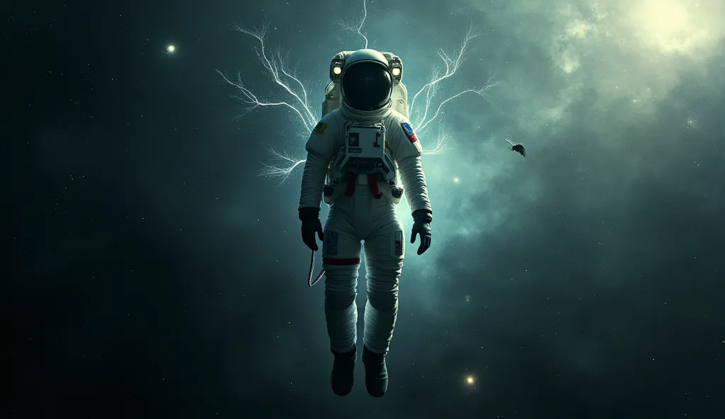 A astronaught drifting in the cosmic space. The image is a feeling of ambience and calm. The universe in the distance. 