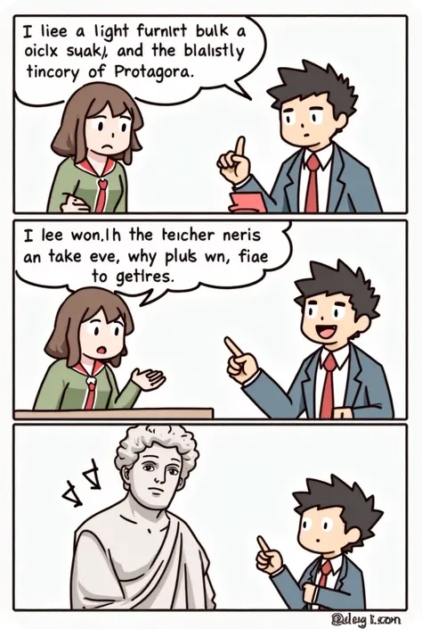 l
Comic 3: Philosophical reflection - Protagora
Scene description: The teacher pulls out a philosophy book and at the end starts talking about the theory of Protagora. A comic in which the teacher becomes a little more philosophical, with the illustration ...