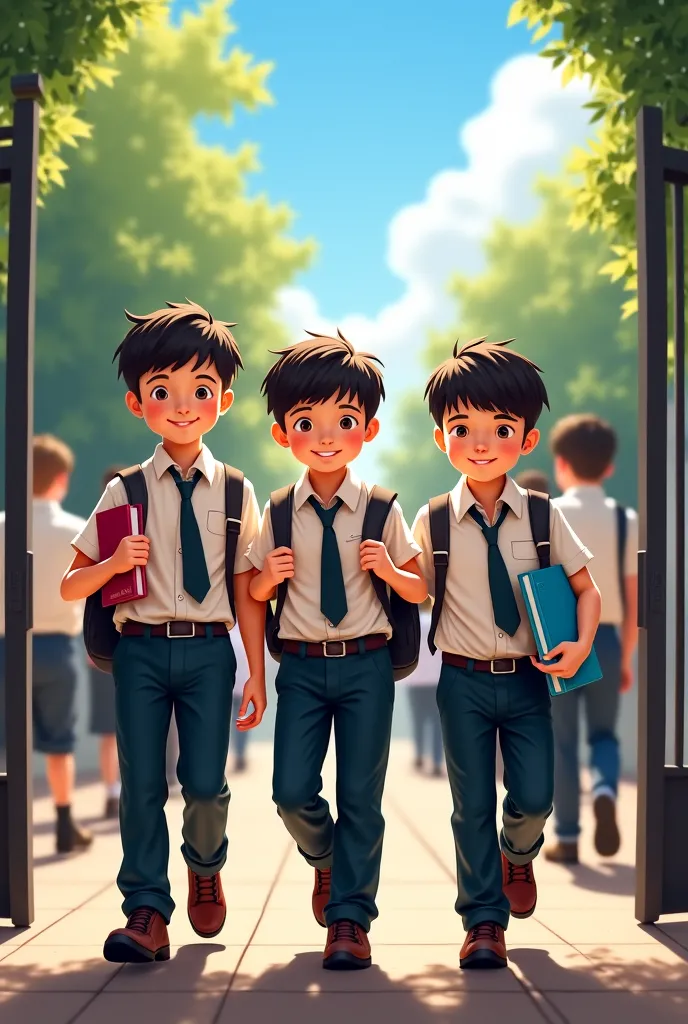 Do boys school ki uniform mein, ek saath chalte hue, kitaabein le kar. School ka gate aur bacchon ki hansti hui tasveer.