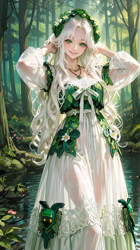 4k , 8k , (only 1 female white hair with green eyes color) , ((curly long hair style)) , 25 years old , ((long dress ruffles flutter clothes))  , novel , manhwa , very details , hair details , very anime eyes details  , ตรงตามกายวิภาคมนุษย์ ,ร่างกายสมส่วน ...