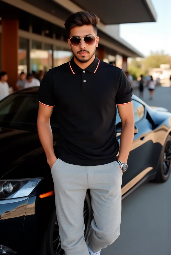 A photo of a stylish young man with a confident stance, leaning casually against a luxury black sports car. He is wearing a sleek black polo shirt, light gray jogger pants, and white sneakers. He has a well-groomed beard, neatly styled hair, and is wearing...