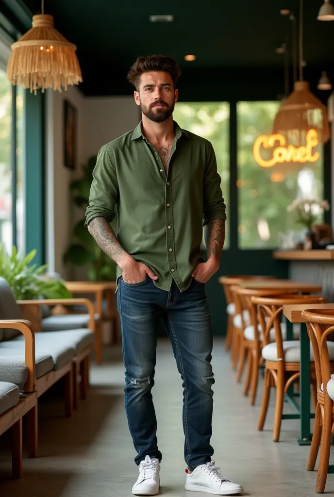 CANYAMAN, man, 22 years old,  dark green eyes clothing, cut beard, Hair, soft oily skin ,  glowing skin highlighter, Italian nose, athletic body design, Muscles, neck tattoo,  striking mandible , wearing a green shirt and jeans and a white shoe, A in the i...