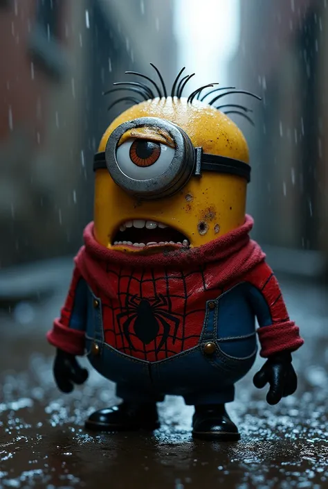 "A Minion wearing Spider-Man clothing, bruised and kneeling in a dark alley, with his torn mask and an expression of pain and determination. Rain falls around you, creating a dramatic and intense scene."