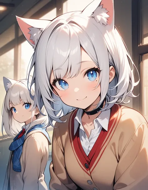  white hair、 blue eyes、cute、beautiful（masterpiece、Highest quality）、（ girls on the left）、very detailed、White cat ears、choker、blue one-point winter school uniform、White bob hair、upper body、(((school uniform, Cardigan)))、mole、 slightly chubby、cute、20 years ol...