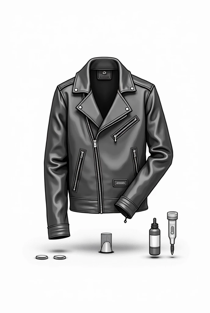 icon of a leather jacket, with drugs and condoms, all objects must have the same level of importance, it must be simple, minimalist, black and white, as if it were drawn