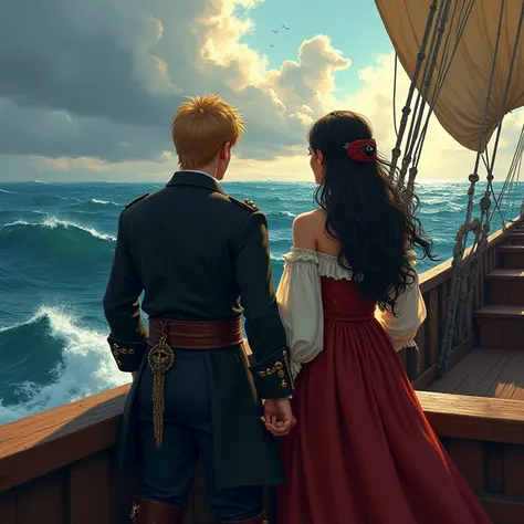 Couple de dos sur un vateau pirate qui regardent la mer.
Homme blond, costard noir.
Femme en robe de mariée pirate, cheveux mi-long noirs.
4k, animé, peinture à l'huile, dramatic lighting, intricate details, photorealistic, highly detailed, cinematic, vivi...