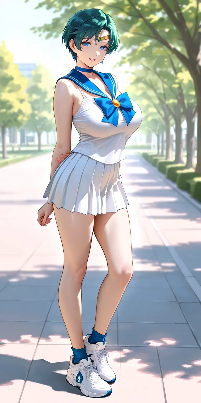 Masterpiece, newest, vibrant, very aesthetic, high contrast, mature woman, short hair, sailor mercury, white camisole, blue lace, white pleated mini skirt, white sneakers, big breast, full body, parted lips, smile, park, best quality, semrealistic, fullmet...