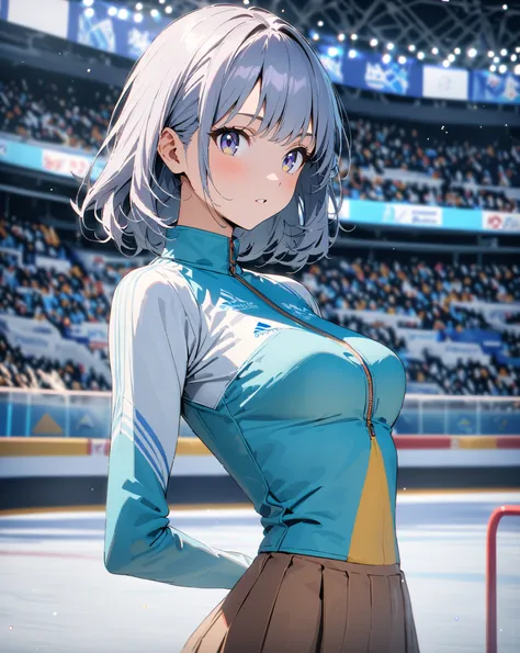 top quality, high detail, high resolution, masterpiece, 8K, one girl, solo, medium large breasts, thin waist, beautiful girl, anime style,cowboy shot, rinkside barriers, Olympic ice rink, winter sports arena