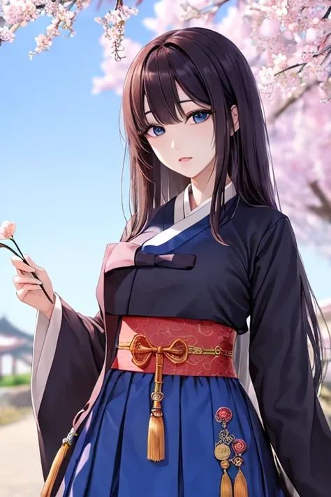 (((gfyuju ))), ((((black long hair)))), blue eyes, (((Hanbok1.5))), hanbok, Outstanding, Best Aesthetic, Best Quality, Masterpiece, Very Detailed, Masterpiece,  1girl , Alone, Blue Sky, Daytime, Flower, Cherry Blossom, Plum Blossom, Lilies, Beautiful Body,...