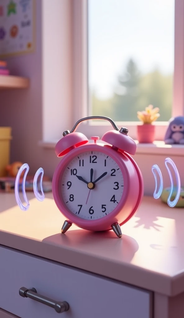 Close on the round alarm clock, in vibrant pink color , with large and visible numbers. The clock is on top of a desk Simple little, in an environment , with soft light coming through the window in the background. Around the alarm clock, visualize soft sou...