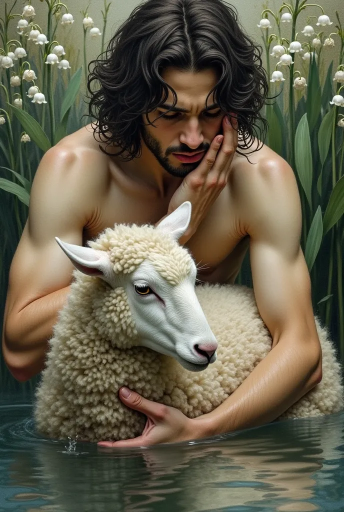 Renaissance painting style with ink, cold colors, A melancholic man, medium large hair, pale, You're not dressed, a sheep looking at him, He has one hand on his face, He's holding the sheep's neck, He is wet , Is he in the water, Lilies of the Valley ,  he...