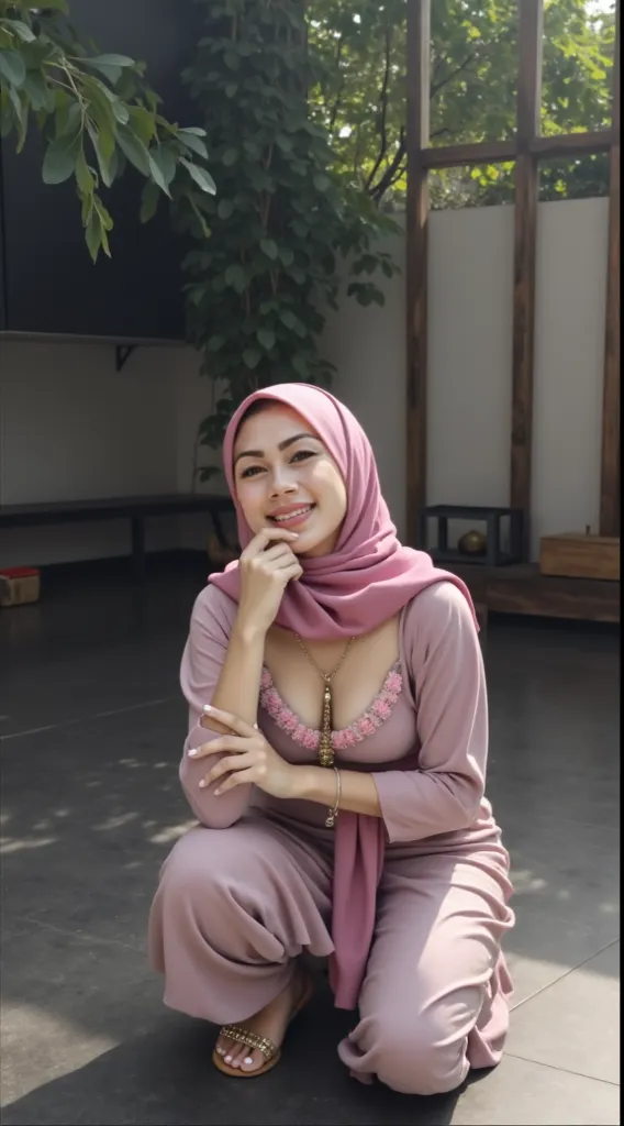 Portrait of a muscle korean woman wearing a traditional smooth satin transparant pasmina muslim outfit. she is sitting on a white couch in a living room with a fireplace in the background. the woman is wearing a long-sleeved pink dress with a high neckline...