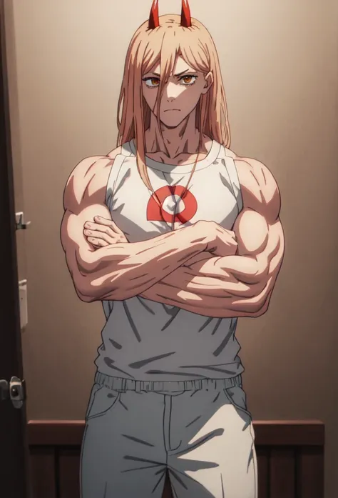 (safe:1.10), best quality, masterpiece, highres, solo, (power_chainsawman:1.10), crossed arms, veins everywhere, bodybuilder physique, bodybuilder veins, cowboy shot, looking at viewer, anime_style, 36 